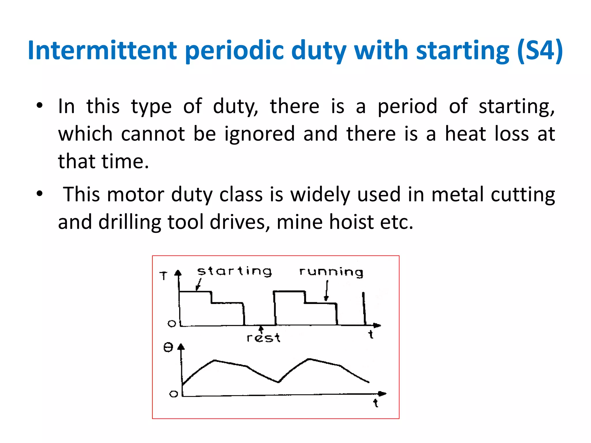 Intermittent periodic duty with starting (S4)
• In this type of duty, there is a period of starting,
which cannot be ignored and there is a heat loss at
that time.
• This motor duty class is widely used in metal cutting
and drilling tool drives, mine hoist etc.
 