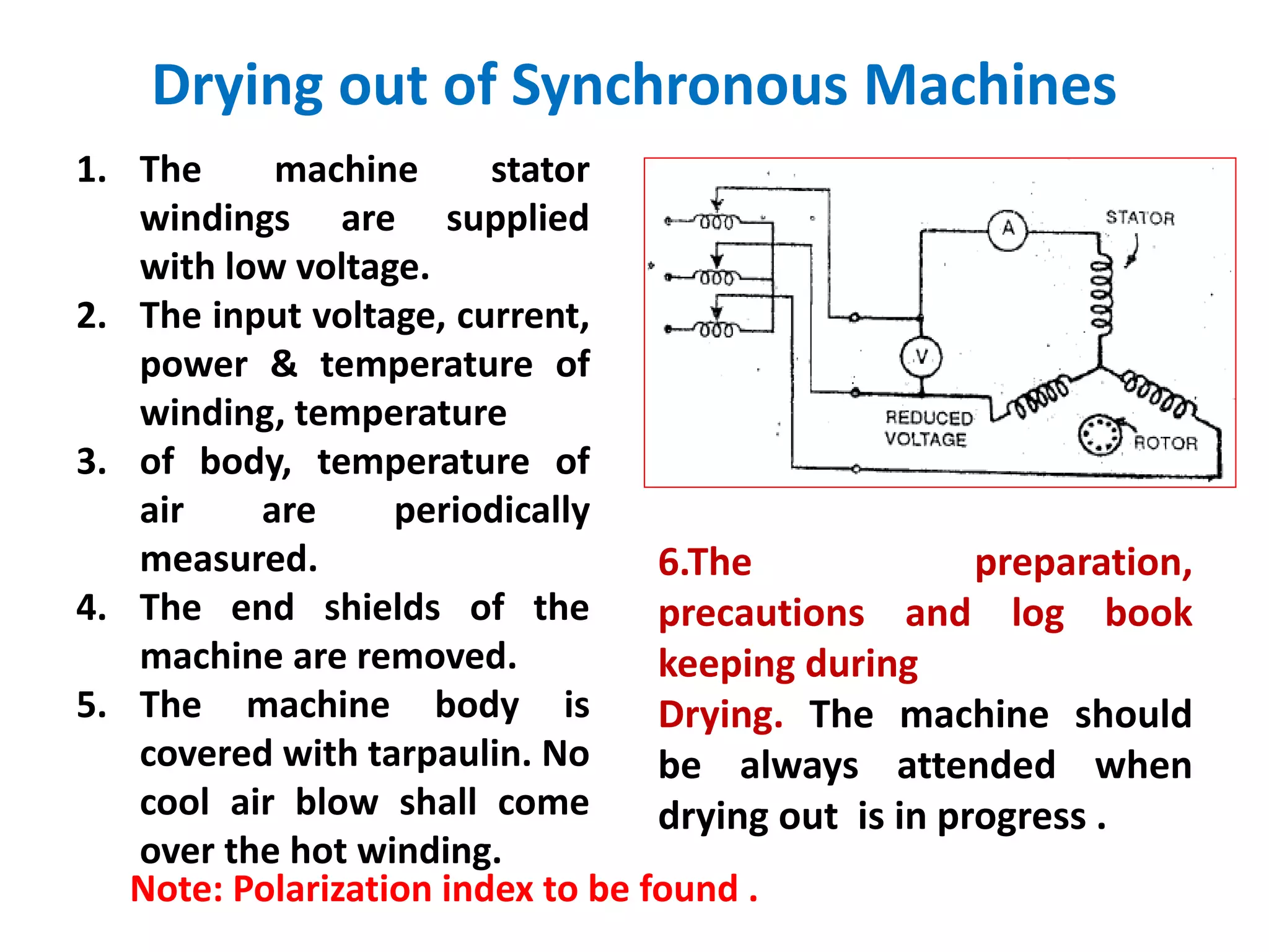 Drying out of Synchronous Machines
1. The machine stator
windings are supplied
with low voltage.
2. The input voltage, current,
power & temperature of
winding, temperature
3. of body, temperature of
air are periodically
measured.
4. The end shields of the
machine are removed.
5. The machine body is
covered with tarpaulin. No
cool air blow shall come
over the hot winding.
6.The preparation,
precautions and log book
keeping during
Drying. The machine should
be always attended when
drying out is in progress .
Note: Polarization index to be found .
 