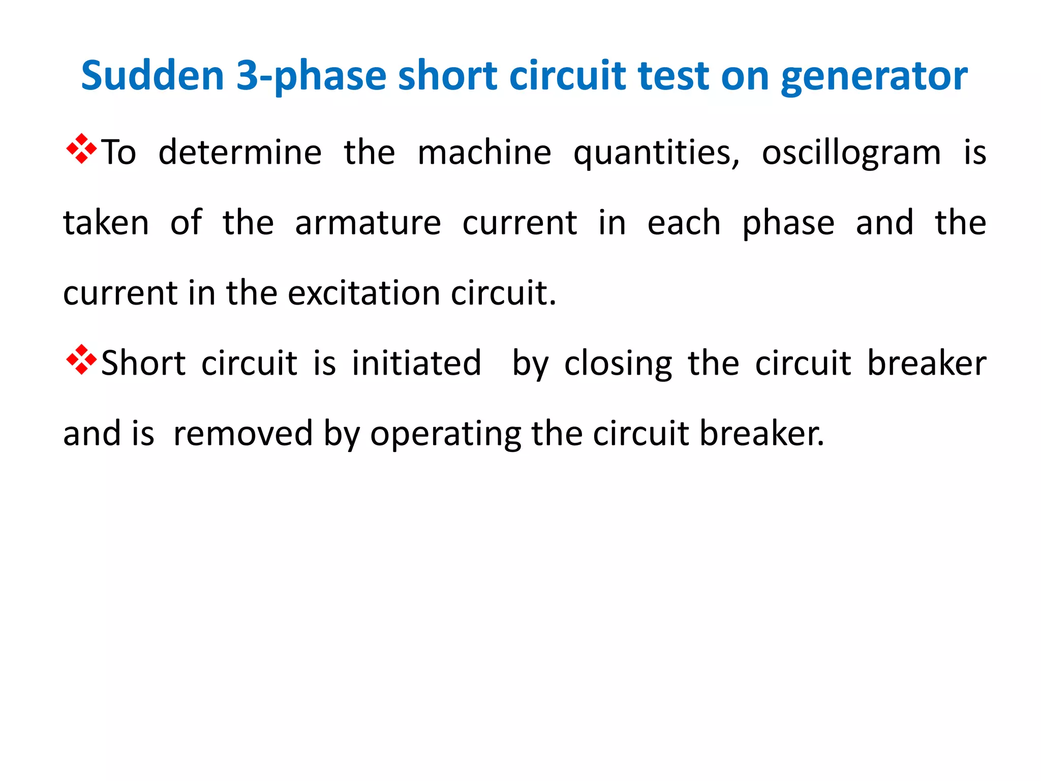 Sudden 3-phase short circuit test on generator
To determine the machine quantities, oscillogram is
taken of the armature current in each phase and the
current in the excitation circuit.
Short circuit is initiated by closing the circuit breaker
and is removed by operating the circuit breaker.
 
