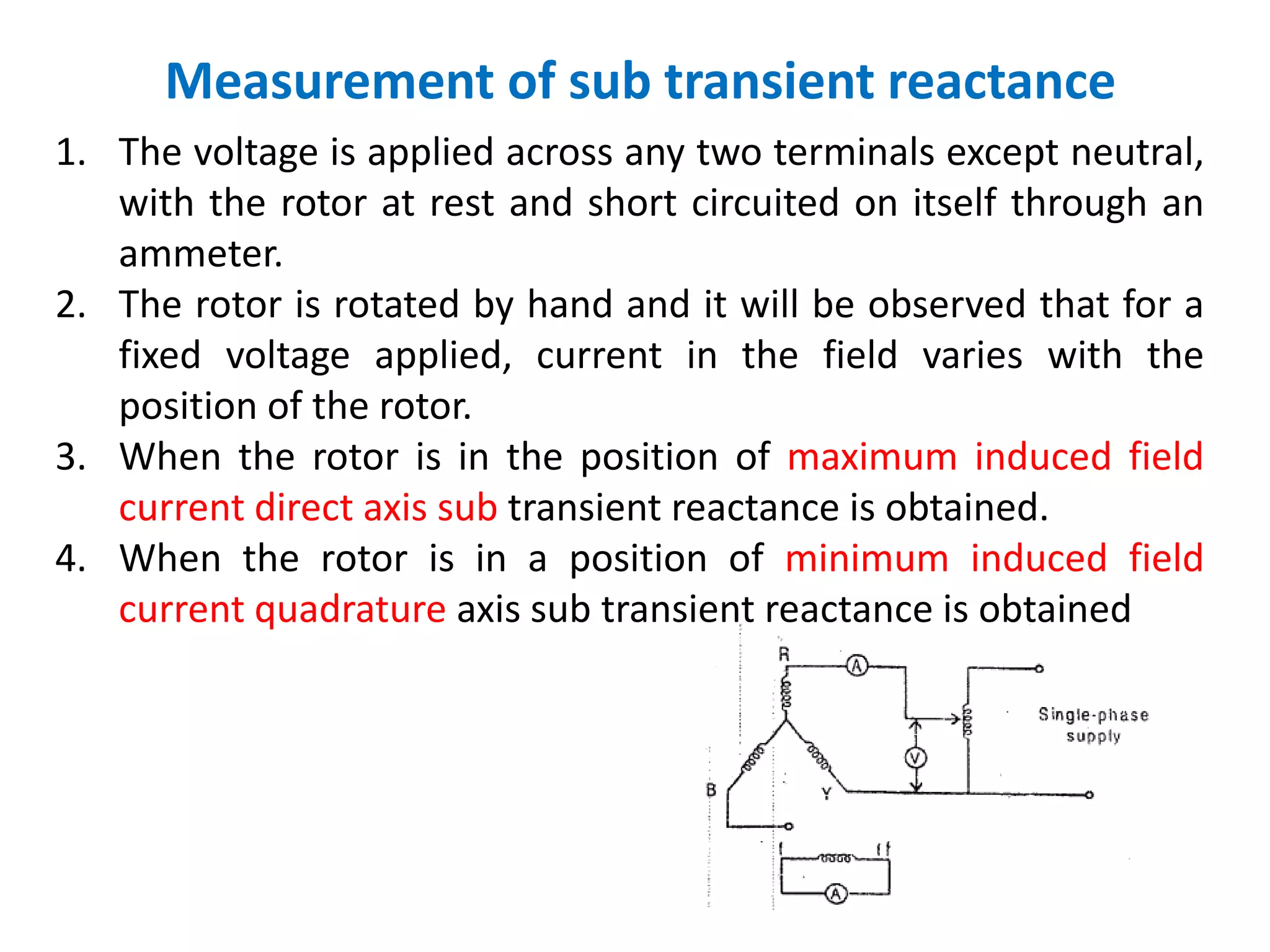 Measurement of sub transient reactance
1. The voltage is applied across any two terminals except neutral,
with the rotor at rest and short circuited on itself through an
ammeter.
2. The rotor is rotated by hand and it will be observed that for a
fixed voltage applied, current in the field varies with the
position of the rotor.
3. When the rotor is in the position of maximum induced field
current direct axis sub transient reactance is obtained.
4. When the rotor is in a position of minimum induced field
current quadrature axis sub transient reactance is obtained
 