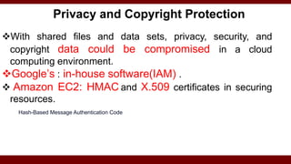 Privacy and Copyright Protection
With shared files and data sets, privacy, security, and
copyright data could be compromised in a cloud
computing environment.
Google’s : in-house software(IAM) .
 Amazon EC2: HMAC and X.509 certificates in securing
resources.
Hash-Based Message Authentication Code
 