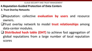 4.Reputation-Guided Protection of Data Centers
3. Trust Overlay Networks
CLOUD SECURITY AND TRUST MANAGEMENT
Reputation: collective evaluation by users and resource
owners.
Trust overlay network to model trust relationships among
data-center modules.
 Distributed hash table (DHT) to achieve fast aggregation of
global reputations from a large number of local reputation
scores
 