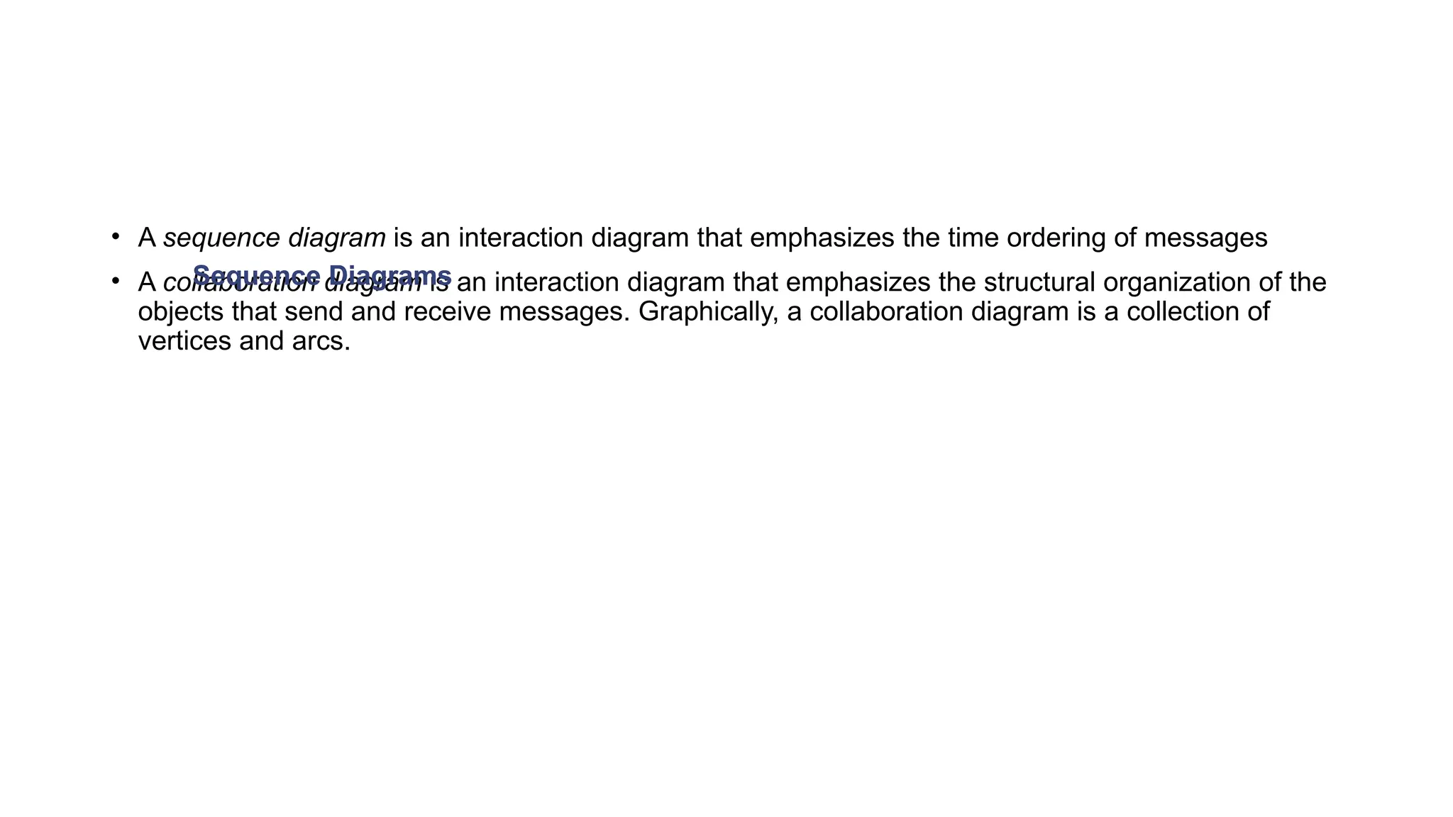 • A sequence diagram is an interaction diagram that emphasizes the time ordering of messages
• A collaboration diagram is an interaction diagram that emphasizes the structural organization of the
objects that send and receive messages. Graphically, a collaboration diagram is a collection of
vertices and arcs.
Sequence Diagrams
Sequence Diagrams
 