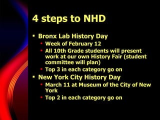4 steps to NHD Bronx Lab History Day Week of February 12 All 10th Grade students will present work at our own History Fair (student committee will plan) Top 3 in each category go on New York City History Day March 11 at Museum of the City of New York Top 2 in each category go on 