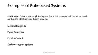 Dr. Rohit D. Ghulanavar 11
Examples of Rule-based Systems
Healthcare, finance, and engineering are just a few examples of the sectors and
applications that use rule-based systems.
Medical Diagnosis
Fraud Detection
Quality Control
Decision support systems
 