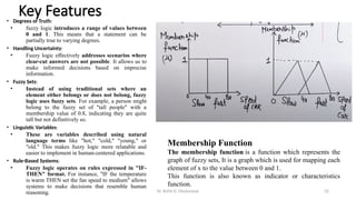 Dr. Rohit D. Ghulanavar 32
Key Features
• Degrees of Truth:
• fuzzy logic introduces a range of values between
0 and 1. This means that a statement can be
partially true to varying degrees.
• Handling Uncertainty:
• Fuzzy logic effectively addresses scenarios where
clear-cut answers are not possible. It allows us to
make informed decisions based on imprecise
information.
• Fuzzy Sets:
• Instead of using traditional sets where an
element either belongs or does not belong, fuzzy
logic uses fuzzy sets. For example, a person might
belong to the fuzzy set of "tall people" with a
membership value of 0.8, indicating they are quite
tall but not definitively so.
• Linguistic Variables:
• These are variables described using natural
language terms like "hot," "cold," "young," or
"old." This makes fuzzy logic more relatable and
easier to implement in human-centered applications.
• Rule-Based Systems:
• Fuzzy logic operates on rules expressed in "IF-
THEN" format. For instance, "IF the temperature
is warm THEN set the fan speed to medium" allows
systems to make decisions that resemble human
reasoning.
Membership Function
The membership function is a function which represents the
graph of fuzzy sets, It is a graph which is used for mapping each
element of x to the value between 0 and 1.
This function is also known as indicator or characteristics
function.
 