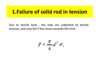 1.Failure of solid rod in tension
Due to tensile load , the rods are subjected to tensile
stresses, and may fail if this stress exceeds the limit
 