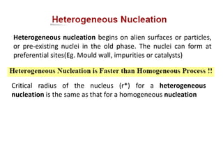 Heterogeneous nucleation begins on alien surfaces or particles,
or pre-existing nuclei in the old phase. The nuclei can form at
preferential sites(Eg. Mould wall, impurities or catalysts)
Critical radius of the nucleus (r*) for a heterogeneous
nucleation is the same as that for a homogeneous nucleation
 