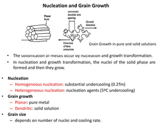 Nucleation and Grain Growth
• Nucleation
– Homogeneous nucleation: substantial undercooling (0.2Tm)
– Heterogeneous nucleation: nucleation agents (5ºC undercooling)
• Grain growth
– Planar: pure metal
– Dendritic: solid solution
• Grain size
– depends on number of nuclei and cooling rate.
• The solidification of metals occur by nucleation and growth transformation.
• In nucleation and growth transformation, the nuclei of the solid phase are
formed and then they grow.
Grain Growth in pure and solid solutions
 