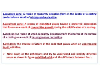 1.Equiaxed zone: A region of randomly oriented grains in the center of a casting
produced as a result of widespread nucleation.
2.Columnar zone: A region of elongated grains having a preferred orientation
that forms as a result of competitive growth during the solidification of a casting.
3.Chill zone: A region of small, randomly oriented grains that forms at the surface
of a casting as a result of heterogeneous nucleation.
4.Dendrite: The treelike structure of the solid that grows when an undercooled
liquid solidifies.
➢ Note down all the definitions and try to understand and identify different
zones as shown in figure solidified solid and the difference between four .
 