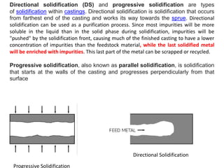 Directional solidification (DS) and progressive solidification are types
of solidification within castings. Directional solidification is solidification that occurs
from farthest end of the casting and works its way towards the sprue. Directional
solidification can be used as a purification process. Since most impurities will be more
soluble in the liquid than in the solid phase during solidification, impurities will be
"pushed" by the solidification front, causing much of the finished casting to have a lower
concentration of impurities than the feedstock material, while the last solidified metal
will be enriched with impurities. This last part of the metal can be scrapped or recycled.
Progressive solidification, also known as parallel solidification, is solidification
that starts at the walls of the casting and progresses perpendicularly from that
surface
Directional Solidification
Progressive Solidification
 