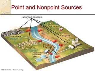 Point and Nonpoint Sources
NONPOINT SOURCES
Urban streets
Suburban
development
Wastewater
treatment
plant
Rural homes
Cropland
Factory
Animal feedlot
POINT
SOURCES
 