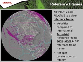 Reference Frames
All velocities are
RELATIVE to a given
reference frame
• Velocities
compared to
International
Terrestrial
Reference Frame
2008 (IGS08 is GPS
reference frame
name)
• Hot spot
constellation as
“stable”
 