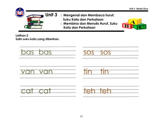 Unit 3 : Modul Guru


                     Unit 3       : Mengenal dan Membaca huruf,
                                    Suku Kata dan Perkataan
                                  : Membina dan Menulis Huruf, Suku
                                    Kata dan Perkataan

Latihan 2
Salin suku kata yang diberikan.




   bas bas                                        sos sos

   van van                                        tin    tin

   cat cat                                        teh teh


                                             82
 