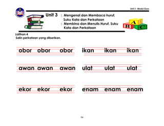 Unit 3 : Modul Guru


                    Unit 3        : Mengenal dan Membaca huruf,
                                    Suku Kata dan Perkataan
                                  : Membina dan Menulis Huruf, Suku
                                    Kata dan Perkataan
Latihan 4
Salin perkataan yang diberikan.



  obor obor                   obor            ikan         ikan       ikan


  awan awan                   awan            ulat         ulat       ulat


  ekor        ekor            ekor            enam         enam       enam



                                             84
 