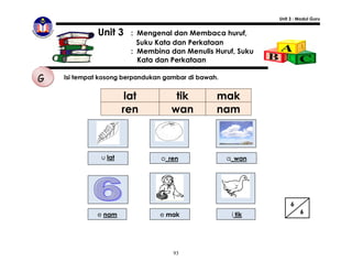 Unit 3 : Modul Guru


              Unit 3     : Mengenal dan Membaca huruf,
                           Suku Kata dan Perkataan
                         : Membina dan Menulis Huruf, Suku
                           Kata dan Perkataan

G   Isi tempat kosong berpandukan gambar di bawah.


                        lat          tik         mak
                       ren          wan          nam



               u lat             o_ren               a_wan




                                                                   6
             e nam              e mak                 i tik            6




                                    93
 