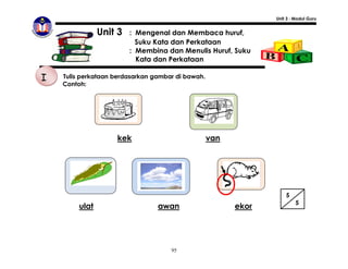 Unit 3 : Modul Guru


                Unit 3   : Mengenal dan Membaca huruf,
                           Suku Kata dan Perkataan
                         : Membina dan Menulis Huruf, Suku
                           Kata dan Perkataan

I   Tulis perkataan berdasarkan gambar di bawah.
    Contoh:




                    kek                            van




                                                                    5
                                                                         5
         ulat                    awan                    ekor




                                     95
 