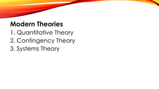 Modern Theories
1. Quantitative Theory
2. Contingency Theory
3. Systems Theory
 