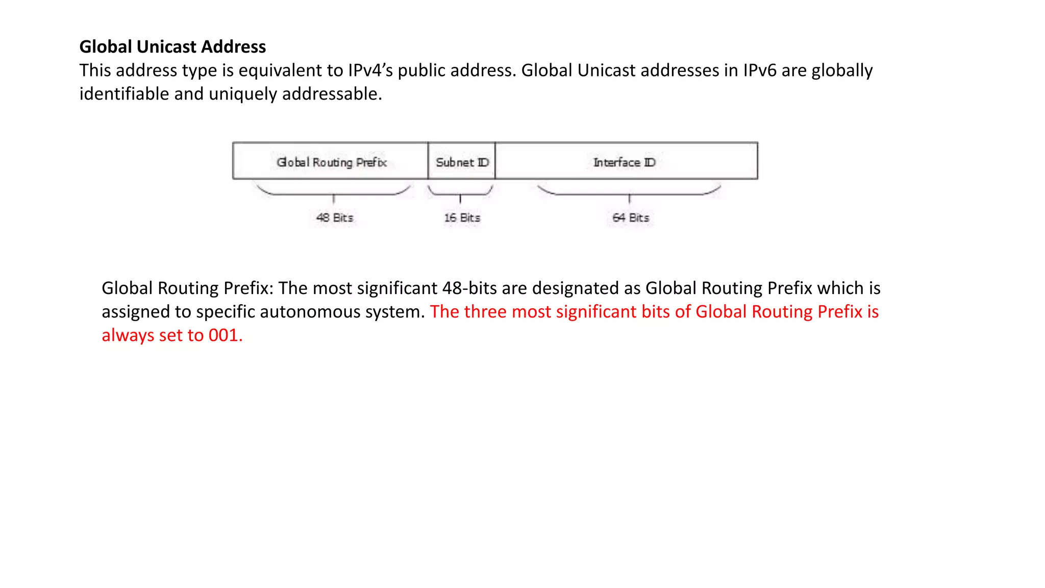 Global Unicast Address
This address type is equivalent to IPv4’s public address. Global Unicast addresses in IPv6 are globally
identifiable and uniquely addressable.
Global Routing Prefix: The most significant 48-bits are designated as Global Routing Prefix which is
assigned to specific autonomous system. The three most significant bits of Global Routing Prefix is
always set to 001.
 