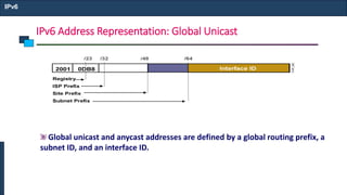 IPv6 Address Representation: Global Unicast
IPv6
Global unicast and anycast addresses are defined by a global routing prefix, a
subnet ID, and an interface ID.
 