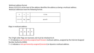 Multicast address format
Binary 11111111 at the start of the address identifies the address as being a multicast address.
Multicast addresses have the following format:
Flags in multicast address
The 3 high-order flags are reserved, and must be initialized to 0.
T = 0 indicates a permanently-assigned (well-known) multicast address, assigned by the Internet Assigned
Number Authority (IANA).
T = 1 indicates a non-permanently assigned (transient) or dynamic multicast address.
 