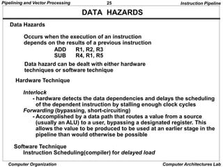 25
Pipelining and Vector Processing
Computer Organization Computer Architectures Lab
DATA HAZARDS
Data Hazards
Occurs when the execution of an instruction
depends on the results of a previous instruction
ADD R1, R2, R3
SUB R4, R1, R5
Hardware Technique
Interlock
- hardware detects the data dependencies and delays the scheduling
of the dependent instruction by stalling enough clock cycles
Forwarding (bypassing, short-circuiting)
- Accomplished by a data path that routes a value from a source
(usually an ALU) to a user, bypassing a designated register. This
allows the value to be produced to be used at an earlier stage in the
pipeline than would otherwise be possible
Software Technique
Instruction Scheduling(compiler) for delayed load
Data hazard can be dealt with either hardware
techniques or software technique
Instruction Pipeline
 