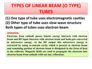 TYPES OF LINEAR BEAM (O TYPE)
TUBES
(1) One type of tube uses electromagnetic cavities
(2) Other type of tube uses slow-wave structure
Both types of tubes uses electron beam
OPERATION:-
Electrons from cathode posses kinetic energy interacts with electron
beam and RF input interacts with electron beam and both gets converted
in microwave energy. At the RF output this microwave energy is
extracted by using re-entrant cavity which is present in electron beam
and remaining portion of electron beam is dissipated in the form of heat
to the collector. Magnetic fields are used to propagate the electrons into
electron beam from cathode with out any reflections.
 