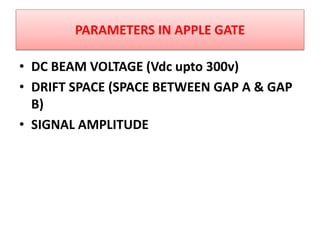 • DC BEAM VOLTAGE (Vdc upto 300v)
• DRIFT SPACE (SPACE BETWEEN GAP A & GAP
B)
• SIGNAL AMPLITUDE
PARAMETERS IN APPLE GATE
 