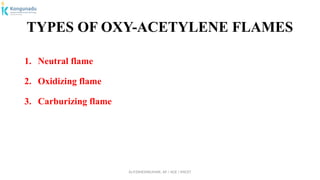 Dr.P.DINESHKUMAR, AP / AGE / KNCET
TYPES OF OXY-ACETYLENE FLAMES
1. Neutral flame
2. Oxidizing flame
3. Carburizing flame
 