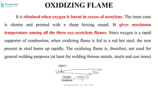 Dr.P.DINESHKUMAR, AP / AGE / KNCET
OXIDIZING FLAME
It is obtained when oxygen is burnt in excess of acetylene. The inner cone
is shorter and pointed with a sharp hissing sound. It gives maximum
temperature among all the three oxy-acetylene flames. Since oxygen is a rapid
supporter of combustion, when oxidizing flame is fed to a red hot steel, the iron
present in steel burns up rapidly. The oxidizing flame is, therefore, not used for
general welding purposes (at least for welding ferrous metals, steels and cast irons)
 