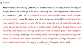 Dr.P.DINESHKUMAR, AP / AGE / KNCET
Shielded metal-arc welding (SMAW) (or manual metal-arc welding or stick welding or
simply manual arc welding) is the most commonly used welding process in fabrication
and maintenance jobs. Arc is developed between a consumable coated metal electrode
and a workpiece. Under the intense heat of arc (temp. about 5000 C), a
⁰ small part of the
base metal of the workpiece melts. At the same time, the end of metal electrode also
melts, giving tiny globules or drops of molten metal which pass through the arc and
reach the joint where they develop coalescence with the molten part of the workpiece
metal after cooling. Burning of flux coating on the electrode produces protective gaseous
shield for the weld bead and the molten flux forms a slag (after cooling) that protects the
weld bead from oxidation. This slag is later chipped off to get the clean weld.
 