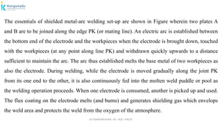 Dr.P.DINESHKUMAR, AP / AGE / KNCET
The essentials of shielded metal-arc welding set-up are shown in Figure wherein two plates A
and B are to be joined along the edge PK (or mating line). An electric arc is established between
the bottom end of the electrode and the workpieces when the electrode is brought down, touched
with the workpieces (at any point along line PK) and withdrawn quickly upwards to a distance
sufficient to maintain the arc. The arc thus established melts the base metal of two workpieces as
also the electrode. During welding, while the electrode is moved gradually along the joint PK
from its one end to the other, it is also continuously fed into the molten weld puddle or pool as
the welding operation proceeds. When one electrode is consumed, another is picked up and used.
The flux coating on the electrode melts (and burns) and generates shielding gas which envelops
the weld area and protects the weld from the oxygen of the atmosphere.
 