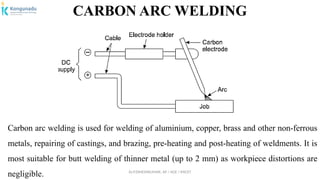 Dr.P.DINESHKUMAR, AP / AGE / KNCET
CARBON ARC WELDING
Carbon arc welding is used for welding of aluminium, copper, brass and other non-ferrous
metals, repairing of castings, and brazing, pre-heating and post-heating of weldments. It is
most suitable for butt welding of thinner metal (up to 2 mm) as workpiece distortions are
negligible.
 