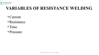 Dr.P.DINESHKUMAR, AP / AGE / KNCET
VARIABLES OF RESISTANCE WELDING
•Current
•Resistance
•Time
•Pressure
 