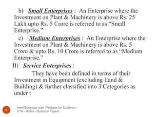 www.Bookspar.com | Website for Students |
VTU - Notes - Question Papers8
b) Small Enterprises : An Enterprise where the
Investment on Plant & Machinery is above Rs. 25
Lakh upto Rs. 5 Crore is referred to as “Small
Enterprise.”
c) Medium Enterprises : An Enterprise where the
Investment on Plant & Machinery is above Rs. 5
Crore & upto Rs. 10 Crore is referred to as “Medium
Enterprise.”
II) Service Enterprises :
They have been defined in terms of their
Investment in Equipment (excluding Land &
Building) & further classified into 3 Categories as
under :
 