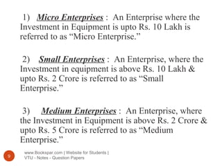 www.Bookspar.com | Website for Students |
VTU - Notes - Question Papers9
1) Micro Enterprises : An Enterprise where the
Investment in Equipment is upto Rs. 10 Lakh is
referred to as “Micro Enterprise.”
2) Small Enterprises : An Enterprise, where the
Investment in equipment is above Rs. 10 Lakh &
upto Rs. 2 Crore is referred to as “Small
Enterprise.”
3) Medium Enterprises : An Enterprise, where
the Investment in Equipment is above Rs. 2 Crore &
upto Rs. 5 Crore is referred to as “Medium
Enterprise.”
 