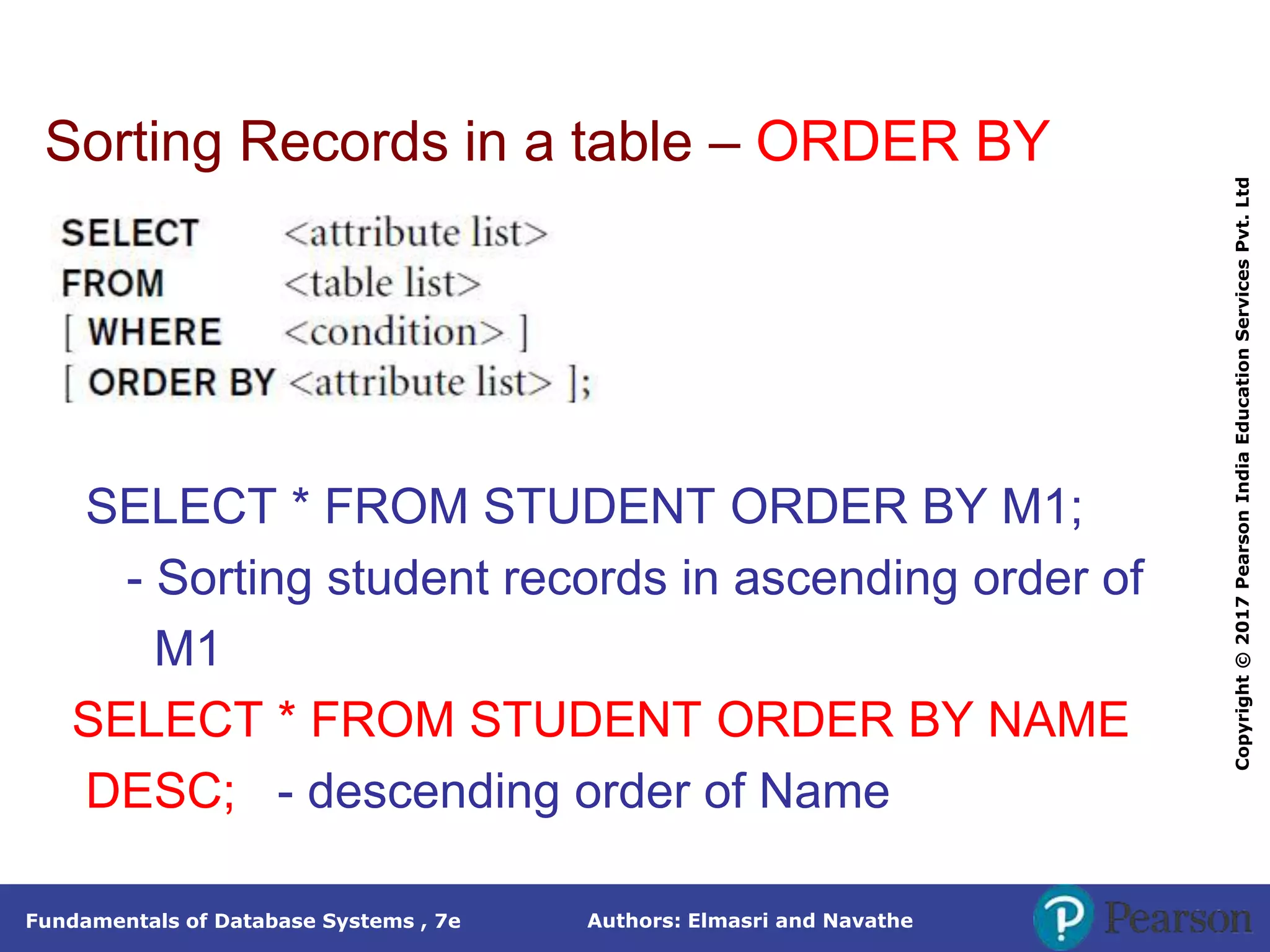 Authors: Elmasri and Navathe
Fundamentals of Database Systems , 7e
Copyright
©
2017
Pearson
India
Education
Services
Pvt.
Ltd
Sorting Records in a table – ORDER BY
SELECT * FROM STUDENT ORDER BY M1;
- Sorting student records in ascending order of
M1
SELECT * FROM STUDENT ORDER BY NAME
DESC; - descending order of Name
 