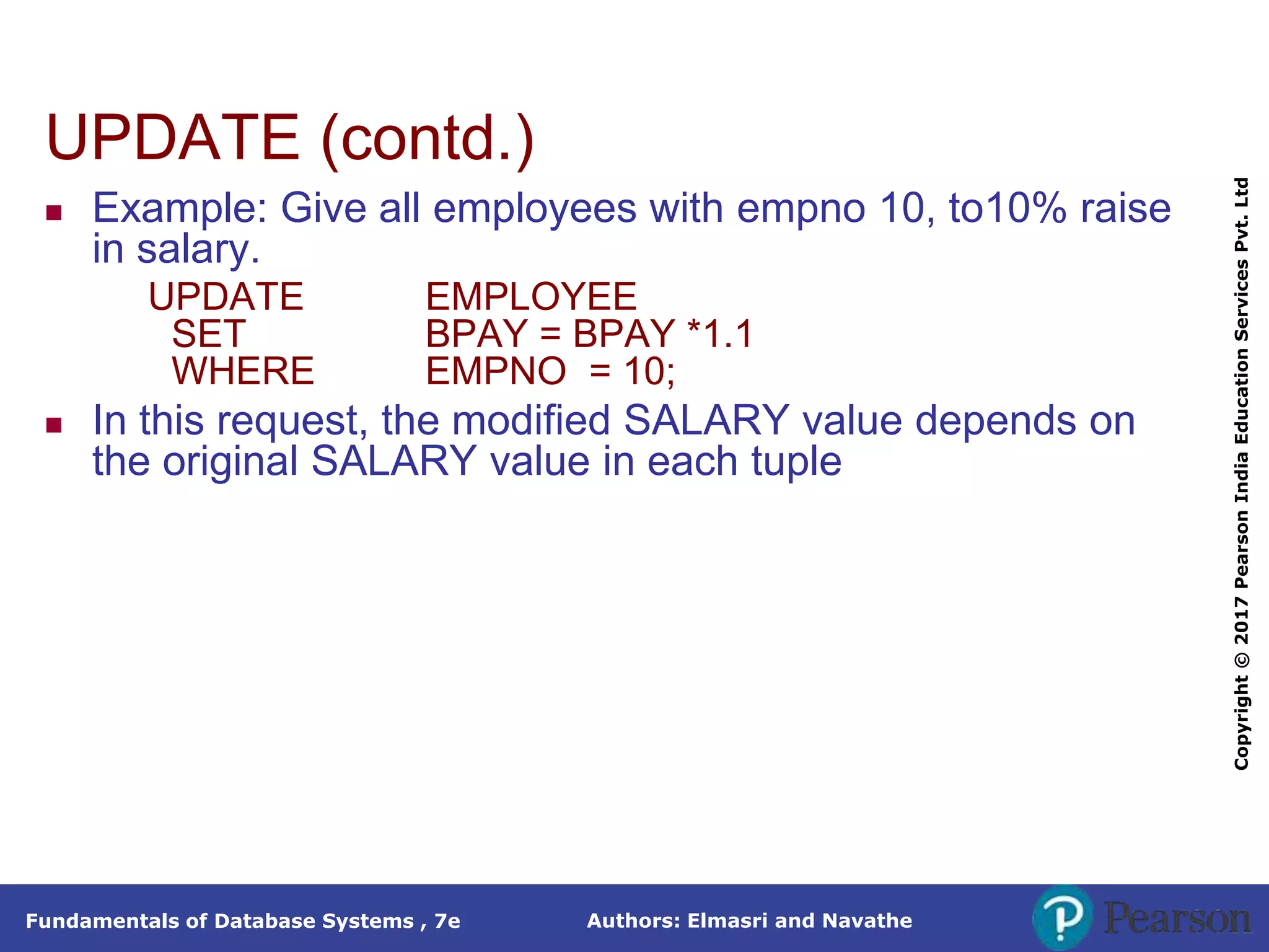 Authors: Elmasri and Navathe
Fundamentals of Database Systems , 7e
Copyright
©
2017
Pearson
India
Education
Services
Pvt.
Ltd
UPDATE (contd.)
 Example: Give all employees with empno 10, to10% raise
in salary.
UPDATE EMPLOYEE
SET BPAY = BPAY *1.1
WHERE EMPNO = 10;
 In this request, the modified SALARY value depends on
the original SALARY value in each tuple
 