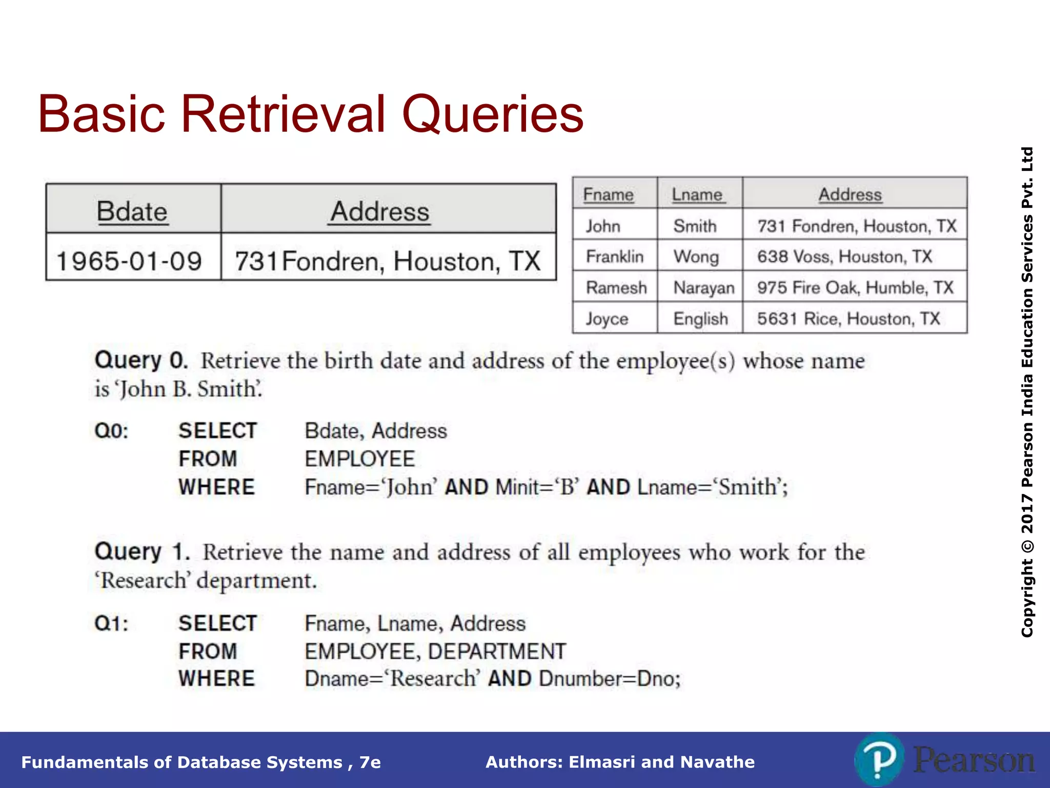 Authors: Elmasri and Navathe
Fundamentals of Database Systems , 7e
Copyright
©
2017
Pearson
India
Education
Services
Pvt.
Ltd
Basic Retrieval Queries
 