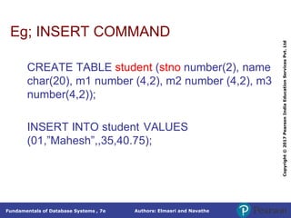 Authors: Elmasri and Navathe
Fundamentals of Database Systems , 7e
Copyright
©
2017
Pearson
India
Education
Services
Pvt.
Ltd
Eg; INSERT COMMAND
CREATE TABLE student (stno number(2), name
char(20), m1 number (4,2), m2 number (4,2), m3
number(4,2));
INSERT INTO student VALUES
(01,”Mahesh”,,35,40.75);
 