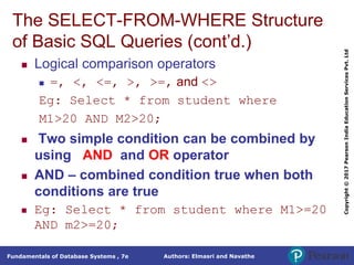 Authors: Elmasri and Navathe
Fundamentals of Database Systems , 7e
Copyright
©
2017
Pearson
India
Education
Services
Pvt.
Ltd
The SELECT-FROM-WHERE Structure
of Basic SQL Queries (cont’d.)
 Logical comparison operators
 =, <, <=, >, >=, and <>
Eg: Select * from student where
M1>20 AND M2>20;
 Two simple condition can be combined by
using AND and OR operator
 AND – combined condition true when both
conditions are true
 Eg: Select * from student where M1>=20
AND m2>=20;
 