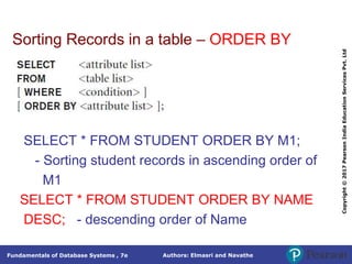 Authors: Elmasri and Navathe
Fundamentals of Database Systems , 7e
Copyright
©
2017
Pearson
India
Education
Services
Pvt.
Ltd
Sorting Records in a table – ORDER BY
SELECT * FROM STUDENT ORDER BY M1;
- Sorting student records in ascending order of
M1
SELECT * FROM STUDENT ORDER BY NAME
DESC; - descending order of Name
 
