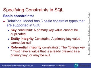 Authors: Elmasri and Navathe
Fundamentals of Database Systems , 7e
Copyright
©
2017
Pearson
India
Education
Services
Pvt.
Ltd
Specifying Constraints in SQL
Basic constraints:
 Relational Model has 3 basic constraint types that
are supported in SQL:
 Key constraint: A primary key value cannot be
duplicated
 Entity Integrity Constraint: A primary key value
cannot be null
 Referential integrity constraints : The “foreign key
“ must have a value that is already present as a
primary key, or may be null.
 