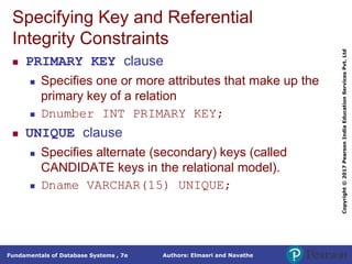 Authors: Elmasri and Navathe
Fundamentals of Database Systems , 7e
Copyright
©
2017
Pearson
India
Education
Services
Pvt.
Ltd
Specifying Key and Referential
Integrity Constraints
 PRIMARY KEY clause
 Specifies one or more attributes that make up the
primary key of a relation
 Dnumber INT PRIMARY KEY;
 UNIQUE clause
 Specifies alternate (secondary) keys (called
CANDIDATE keys in the relational model).
 Dname VARCHAR(15) UNIQUE;
 