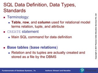 Authors: Elmasri and Navathe
Fundamentals of Database Systems , 7e
Copyright
©
2017
Pearson
India
Education
Services
Pvt.
Ltd
SQL Data Definition, Data Types,
Standards
 Terminology:
 Table, row, and column used for relational model
terms relation, tuple, and attribute
 CREATE statement
 Main SQL command for data definition
 Base tables (base relations)
 Relation and its tuples are actually created and
stored as a file by the DBMS
 