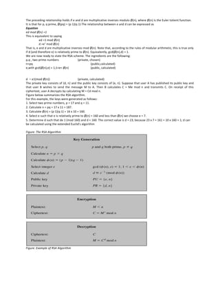 The preceding relationship holds if e and d are multiplicative inverses modulo Ø(n), where Ø(n) is the Euler totient function.
It is that for p, q prime, Ø(pq) = (p 1)(q 1) The relationship between e and d can be expressed as
Equation
ed mod Ø(n) =1
This is equivalent to saying
ed =1 mod Ø(n)
d =e1
mod Ø(n)
That is, e and d are multiplicative inverses mod Ø(n). Note that, according to the rules of modular arithmetic, this is true only
if d (and therefore e) is relatively prime to Ø(n). Equivalently, gcd(Ø(n),d) = 1.
We are now ready to state the RSA scheme. The ingredients are the following:
p,q , two prime numbers (private, chosen)
n=pq (public,calculated)
e,with gcd(Ø(n),e) = 1;1<e< Ø(n) (public, calculated)
d = e1(mod Ø(n)) (private, calculated)
The private key consists of {d, n} and the public key consists of {e, n}. Suppose that user A has published its public key and
that user B wishes to send the message M to A. Then B calculates C = Me mod n and transmits C. On receipt of this
ciphertext, user A decrypts by calculating M = Cd mod n.
Figure below summarizes the RSA algorithm.
For this example, the keys were generated as follows:
1. Select two prime numbers, p = 17 and q = 11.
2. Calculate n = pq = 17 x 11 = 187.
3. Calculate Ø(n) = (p 1)(q 1) = 16 x 10 = 160.
4. Select e such that e is relatively prime to Ø(n) = 160 and less than Ø(n) we choose e = 7.
5. Determine d such that de 1 (mod 160) and d < 160. The correct value is d = 23, because 23 x 7 = 161 = 10 x 160 + 1; d can
be calculated using the extended Euclid's algorithm
Figure: The RSA Algorithm
Figure: Example of RSA Algorithm
 