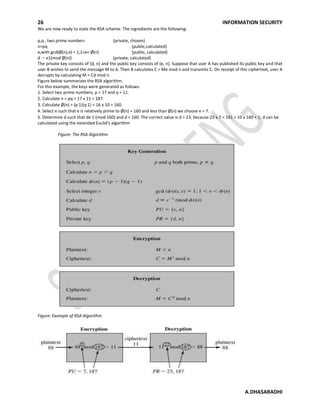 26 INFORMATION SECURITY
A.DHASARADHI
We are now ready to state the RSA scheme. The ingredients are the following:
p,q , two prime numbers (private, chosen)
n=pq (public,calculated)
e,with gcd(Ø(n),e) = 1;1<e< Ø(n) (public, calculated)
d = e1(mod Ø(n)) (private, calculated)
The private key consists of {d, n} and the public key consists of {e, n}. Suppose that user A has published its public key and that
user B wishes to send the message M to A. Then B calculates C = Me mod n and transmits C. On receipt of this ciphertext, user A
decrypts by calculating M = Cd mod n.
Figure below summarizes the RSA algorithm.
For this example, the keys were generated as follows:
1. Select two prime numbers, p = 17 and q = 11.
2. Calculate n = pq = 17 x 11 = 187.
3. Calculate Ø(n) = (p 1)(q 1) = 16 x 10 = 160.
4. Select e such that e is relatively prime to Ø(n) = 160 and less than Ø(n) we choose e = 7.
5. Determine d such that de 1 (mod 160) and d < 160. The correct value is d = 23, because 23 x 7 = 161 = 10 x 160 + 1; d can be
calculated using the extended Euclid's algorithm
Figure: The RSA Algorithm
Figure: Example of RSA Algorithm
 