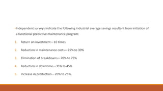 •Independent surveys indicate the following industrial average savings resultant from initiation of
a functional predictive maintenance program:
1. Return on investment—10 times
2. Reduction in maintenance costs—25% to 30%
3. Elimination of breakdowns—70% to 75%
4. Reduction in downtime—35% to 45%
5. Increase in production—20% to 25%.
 