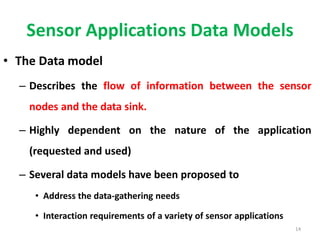 Sensor Applications Data Models
• The Data model
– Describes the flow of information between the sensor
nodes and the data sink.
– Highly dependent on the nature of the application
(requested and used)
– Several data models have been proposed to
• Address the data-gathering needs
• Interaction requirements of a variety of sensor applications
14
 