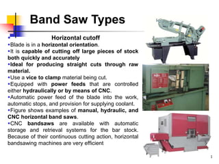 Band Saw Types
 Horizontal cutoff
Blade is in a horizontal orientation.
It is capable of cutting off large pieces of stock
both quickly and accurately
Ideal for producing straight cuts through raw
material.
Use a vice to clamp material being cut.
Equipped with power feeds that are controlled
either hydraulically or by means of CNC.
Automatic power feed of the blade into the work,
automatic stops, and provision for supplying coolant.
Figure shows examples of manual, hydraulic, and
CNC horizontal band saws.
CNC bandsaws are available with automatic
storage and retrieval systems for the bar stock.
Because of their continuous cutting action, horizontal
bandsawing machines are very efficient
23
 